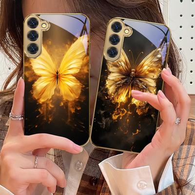 Flame Warm Butterfly For Samsung Galaxy S20 FE S21 S22 S23 Plus S24 Ultra 25Ultra S21+ S9+ S22Plus Golden Glass Phone Case