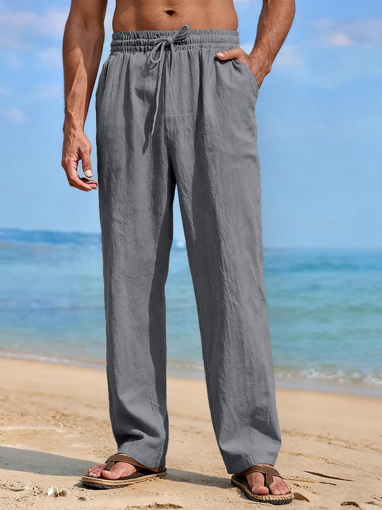 Pantaloni da Uomo Estivi in Misto Lino Gamba Dritta Leggeri Traspiranti da Spiaggia Casual con Vita Elastica e Coulisse per Comfort Tutto il Giorno