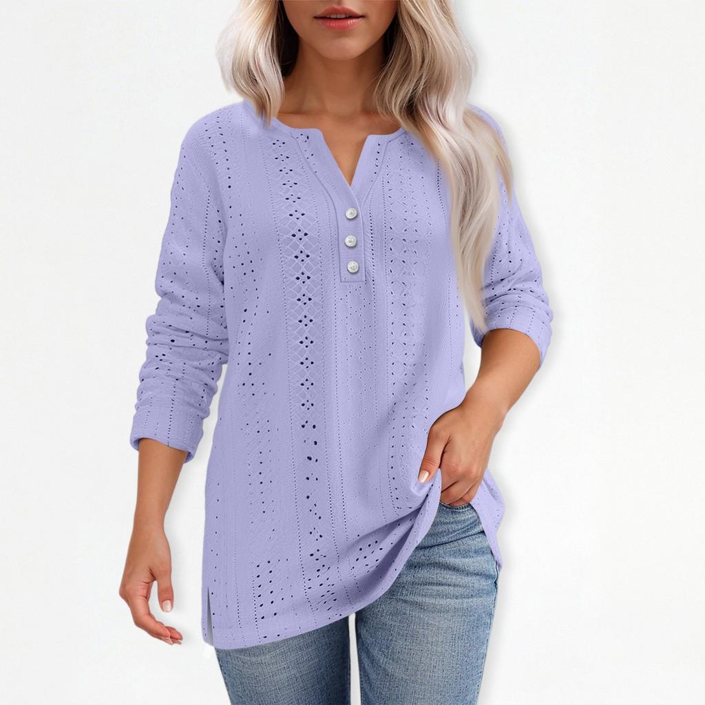 T-skjorte for kvinner T-skjorte med knapp 3/4 ermer Daglig helgmote Basic V-hals vanlig topp