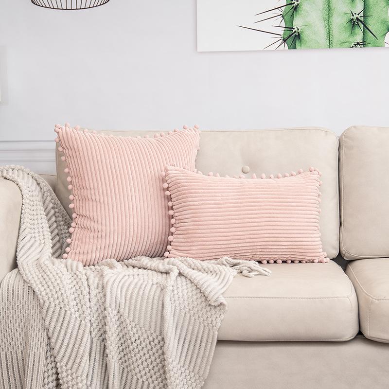 2PCS Boho Chic Corduroy Throw Pillow Cover with Pom-Poms - Soft, Striped Square Cushion Case for Living Room & Bedroom Decor, Perfect for Weddings