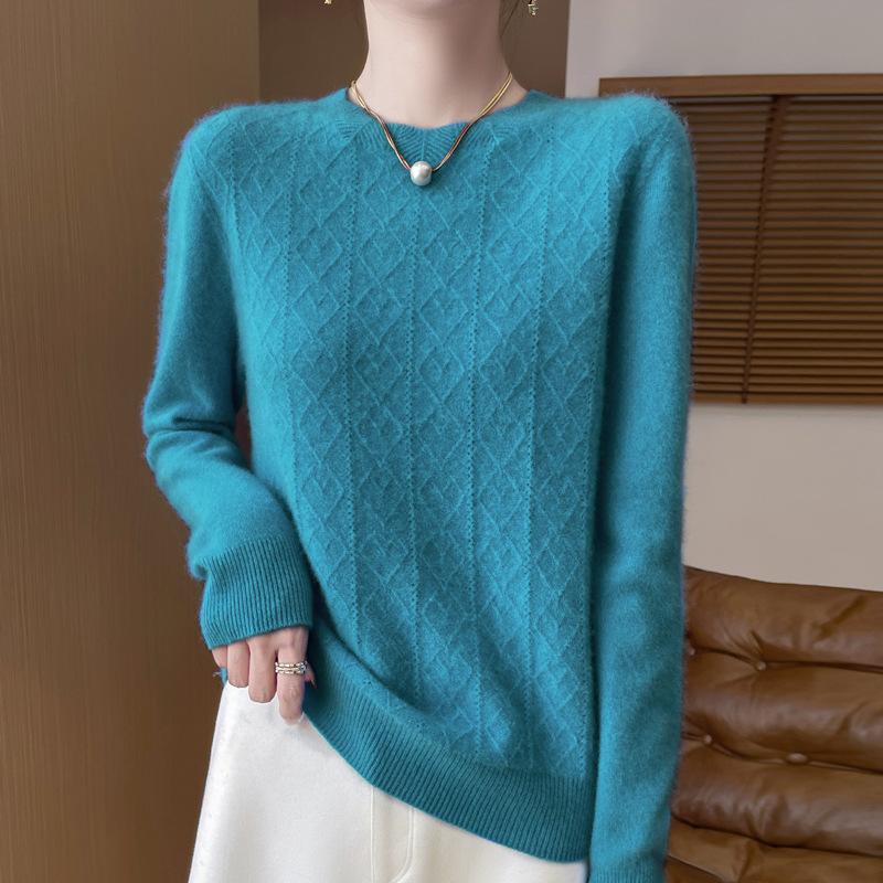 New Seamless One-line Cardigan Round Neck Floral Pullover Wool Knit Top for Women
