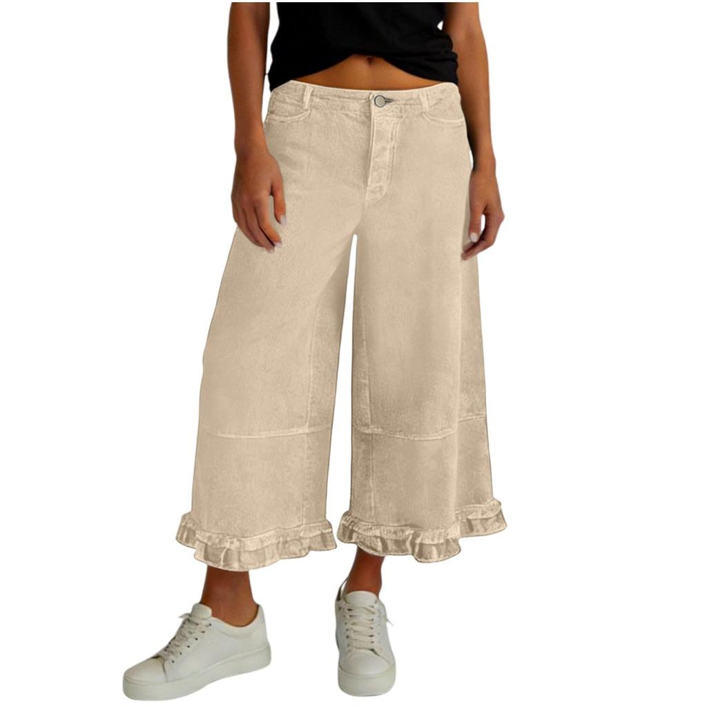 Women's Washed Denim Wide Leg Loose Nine Quarter Lace Jeans