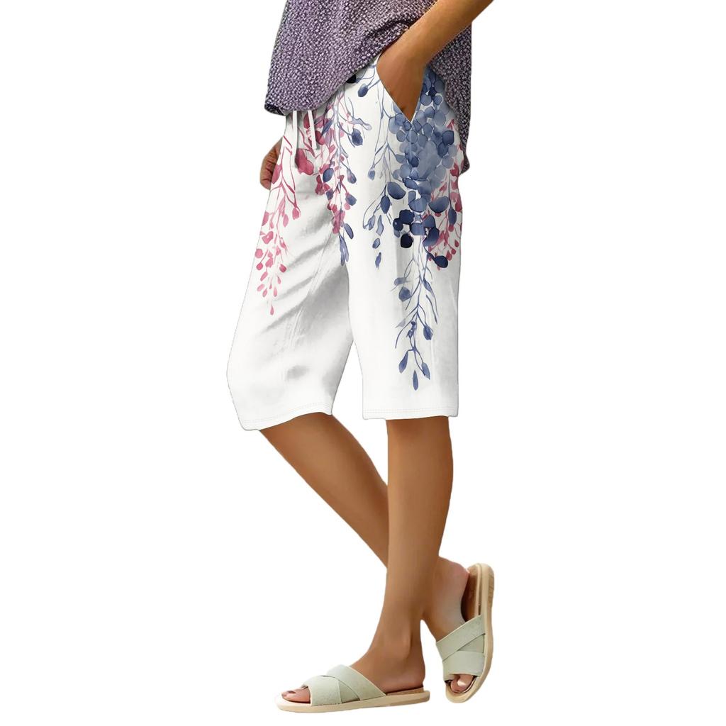 Women's Summer Elasticated Tie Waist Floral Cotton & Linen Loose Shorts
