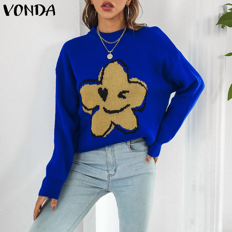 

VONDA Autumn Winter Women Round Neck Print Casual Knitted Sweaters Jumpers S синий