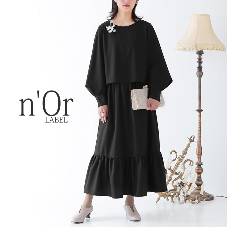 Oshare Walker Tiered Long Sleeve Tiered Layered Dress with Voluminous Sleeves and and Occasion Design n'OrLABEL Dress, Women's Tucks, Black, Formal,