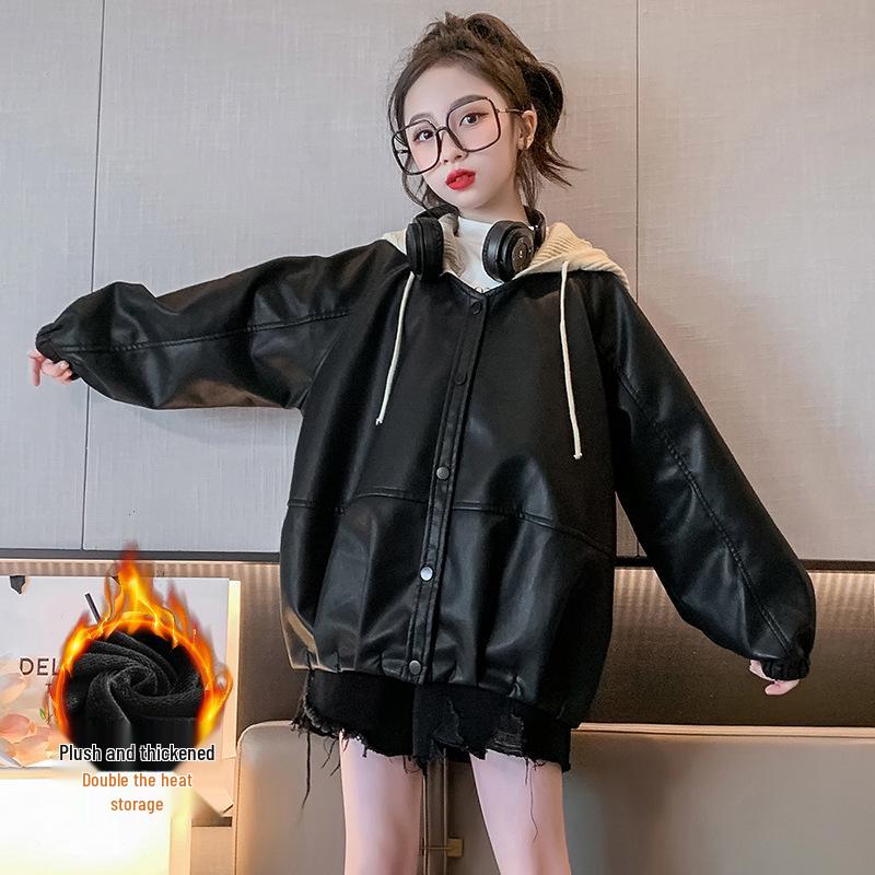 

Модная девичья кожаная куртка с капюшоном и флисовой подкладкой 2025 120 cm