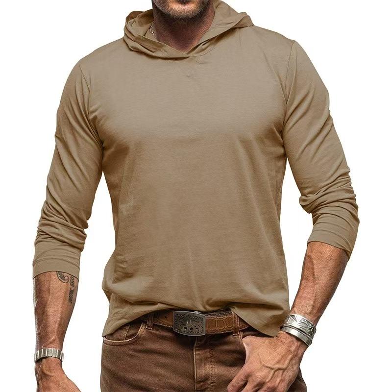 Spring Autumn Loose Casual Solid Color Hooded Tee Male Long Sleeve Pullover Cotton Top Men All-match Tee