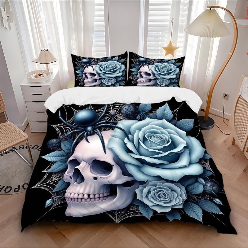 3-teiliges Blau-Rose und Spinne Bettwäsche-Set - Weiches & Bequemes Polyestergewebe, Ganzjahres-Atmungsaktives Bettdecken-Set Für 1 Bettbezug & 2 Kissen