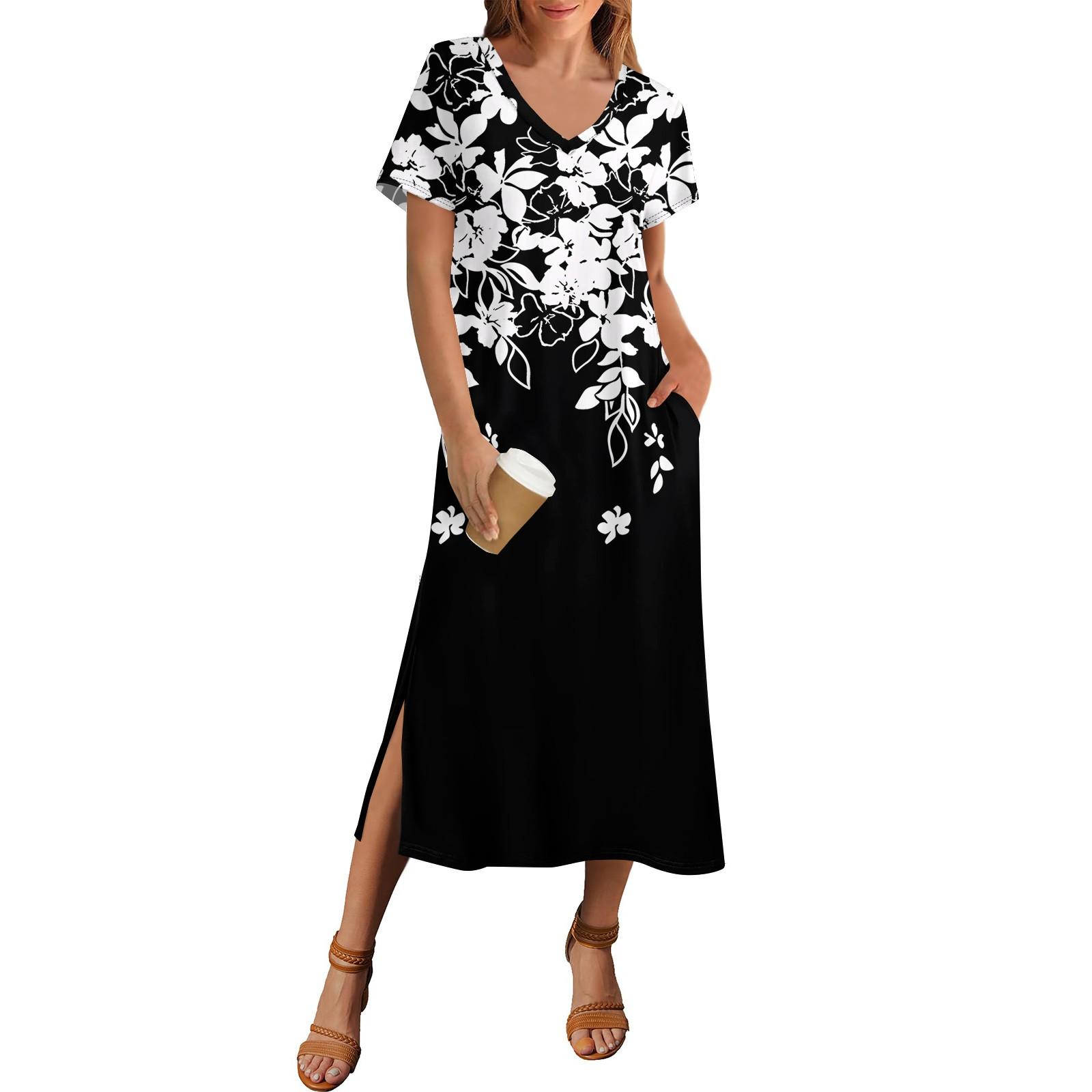 

Женское летнее платье с принтом в горошек, пляжное платье с коротким рукавом и карманом, повседневное платье с V-образным вырезом и боковыми разрезами XXL чёрный