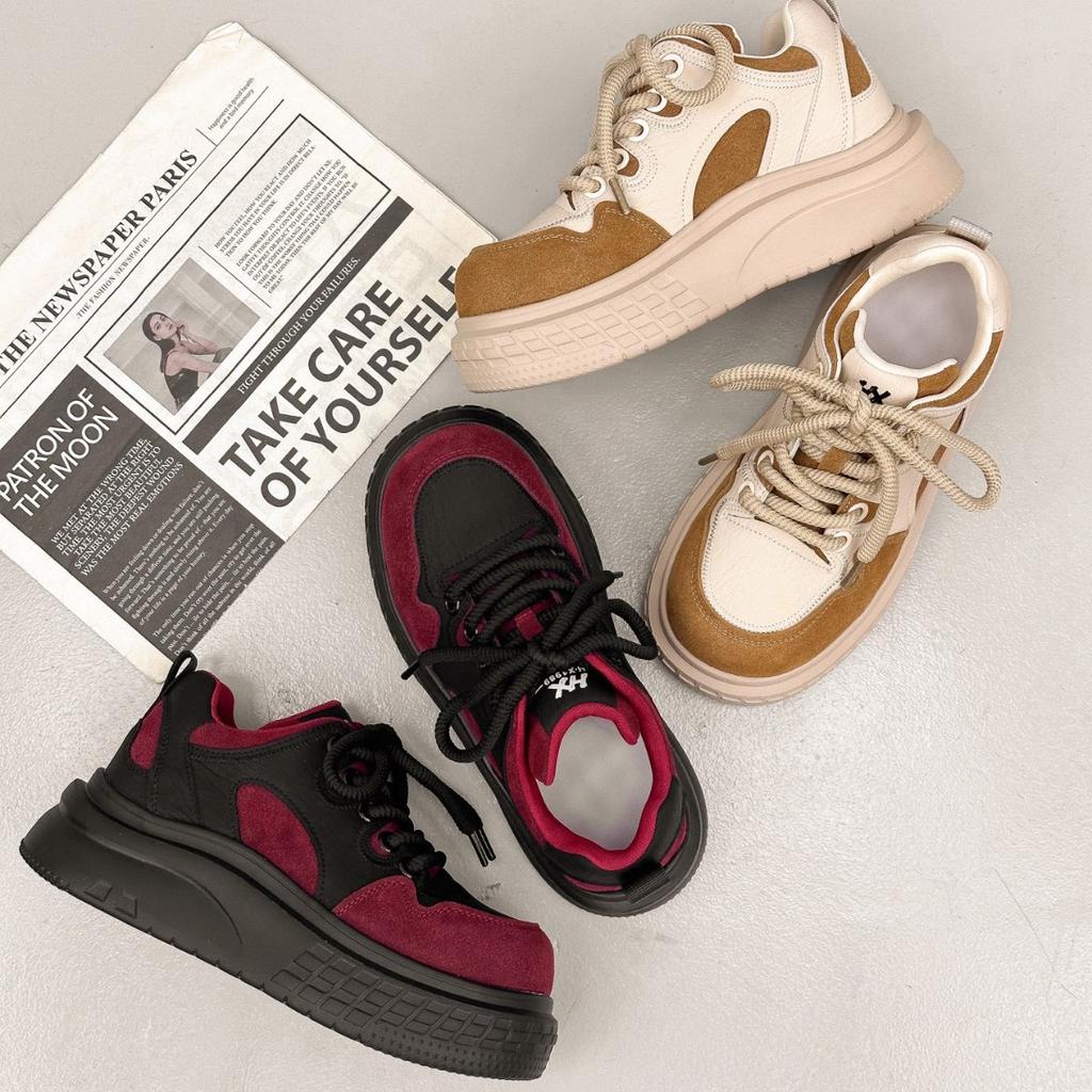 2025 autumn new leather high-top shoes leather thick-soled heightening casual board shoes women's versatile sports bread shoes
