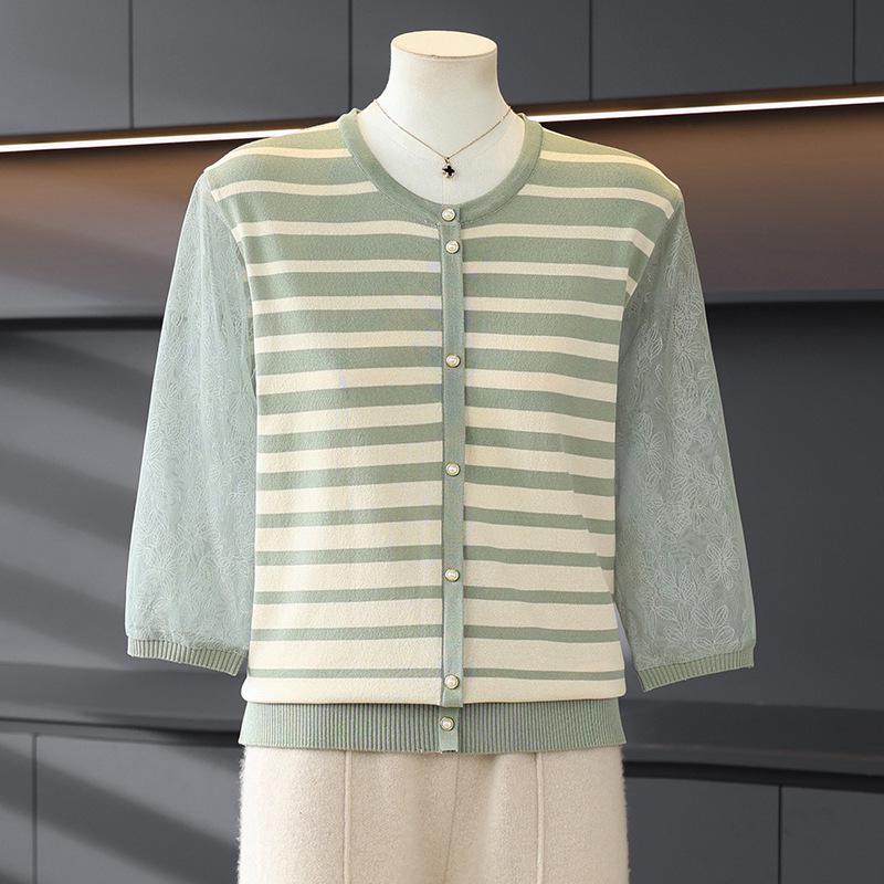 Trendy Spring Striped Knit Top for Moms - New Style for Middle-Aged and Elderly Women, Lightweight Base Layer Shirt