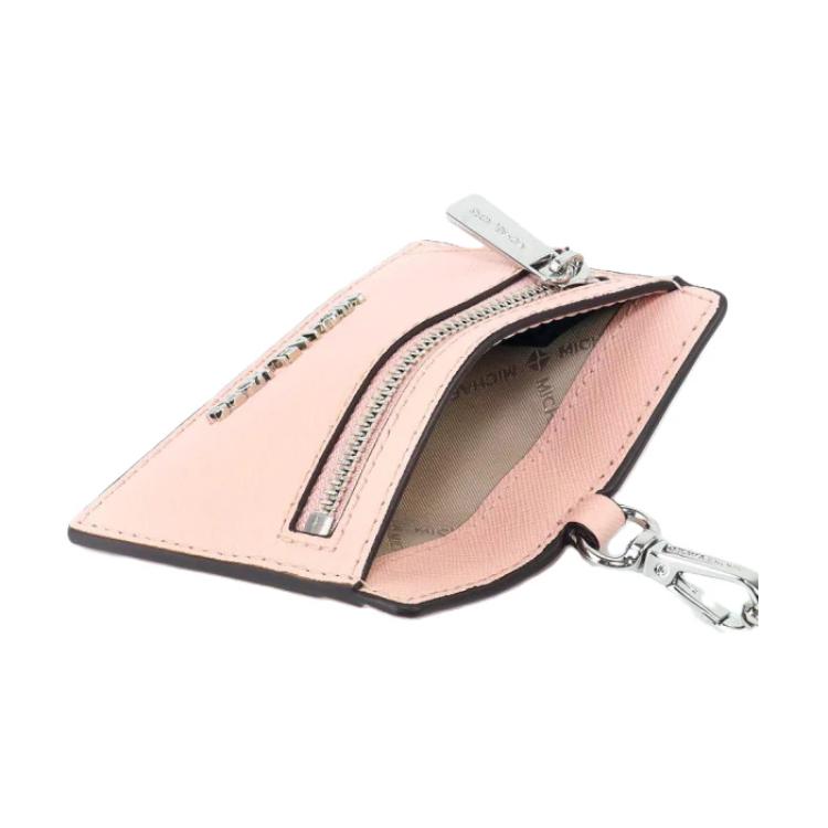 Michael Kors MK Jet Set Travel Silver Logo Detachable Strap Saffiano Leather Card Holder Women Accessories Blush-Pink 35S3STVD3L-POWDERBLUSH