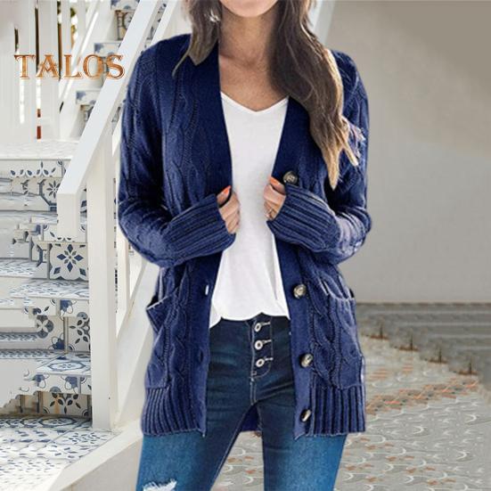 Dámský svetr bunda s dlouhým rukávem, zapínání na knoflíky, zimní kabát s kapsou, jednobarevný svetr s volným střihem