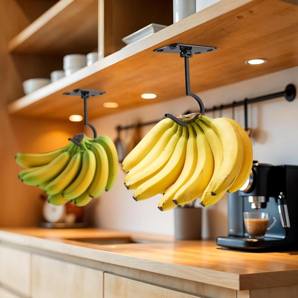 Banana Hook Under Cabinet, Foldable Metal Banana Hanger to Keep Bananas Fresh, Banana Holder Under Cabinet for Bananas or Other Kitchen Items (Black)