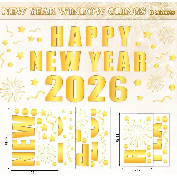 Whaline 6 Sheet 2026 Happy New Year Window Clings Foil Gold New Years Eve Firework Reble Window Decals for Home Office Classroom Party Decor