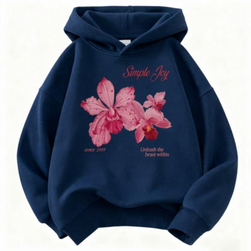 Felpa con Cappuccio Rosa Orchidea alla Moda per Bambini Felpa con Grafica Floreale con Slogan “Simple Joy” per Bambini e Bambine