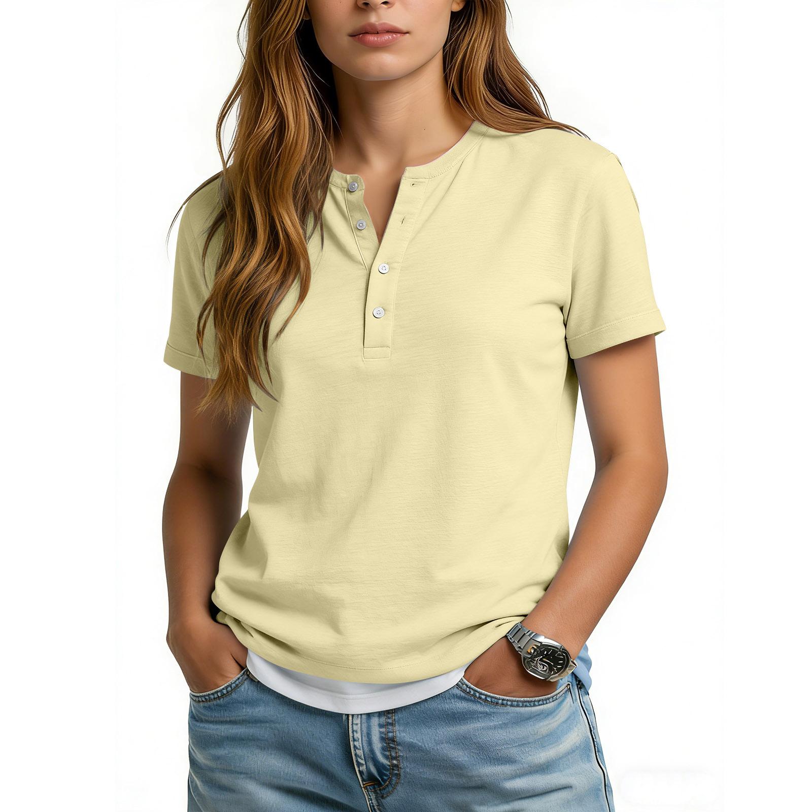 

Women s Casual Color V-neck Short-sleeved T-shirt With Decorative Buttons. M бежевий