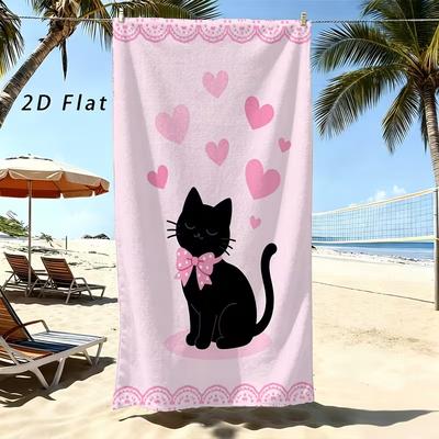 Cute Black Cat Pink Heart Bow Print Beach Towel Light Pink Sweet Girl Style  Quick Dry Sand Resistant Towel Summer Beach