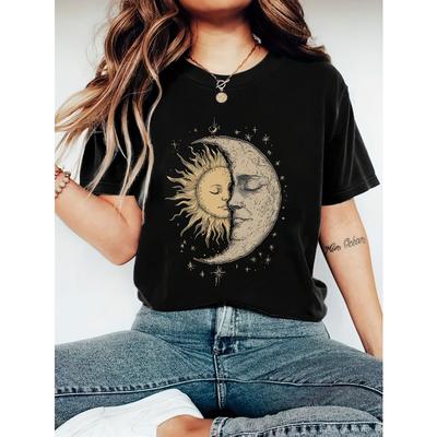 Europäische Größe Damen Bohemian Sonne Mond Gesichter Aufdruck T-Shirt Vintage Hippie Vibe Rundhals Kurzarm Mystisch Lässig Frühling Sommer Tragen Oberteil