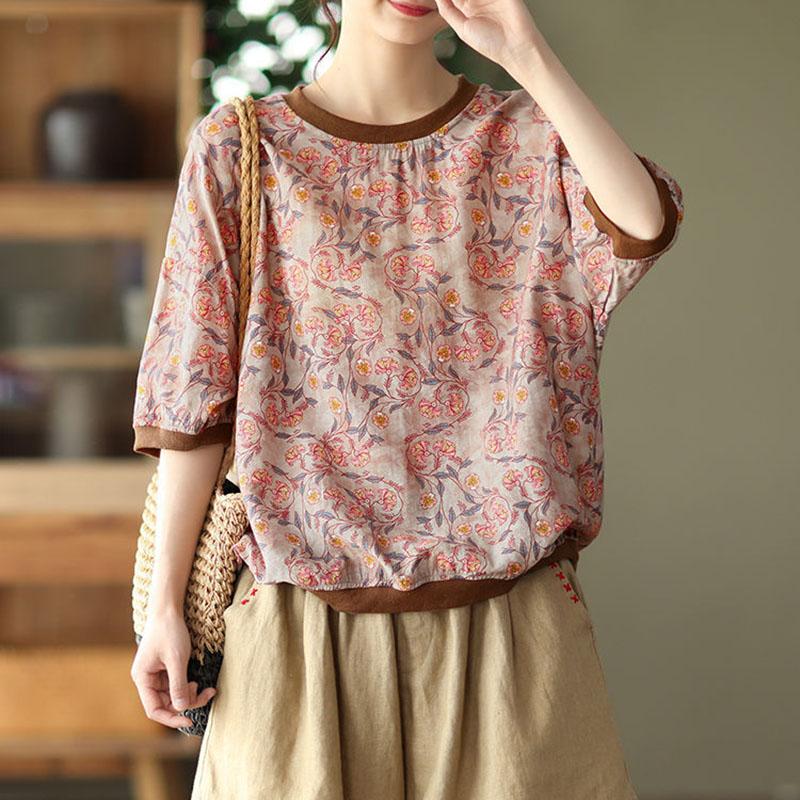 Cotton T-shirt Summer Women Retro Casual Short Sleeve Tops Printed Loose Round Neck Pullover T-Shirt Women