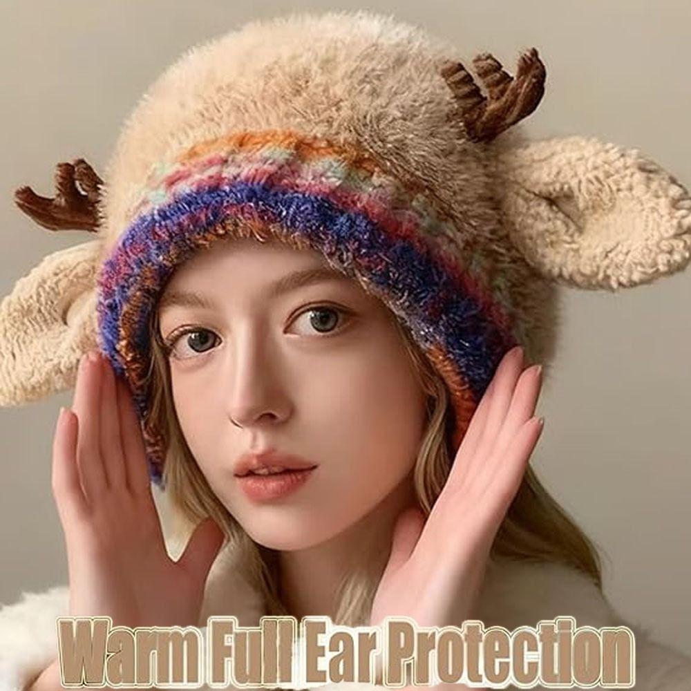 Windproof Knitted Deer Antler Hat Plush Fur Festival Christmas Antler Hat New Cycling Cap Outdoor