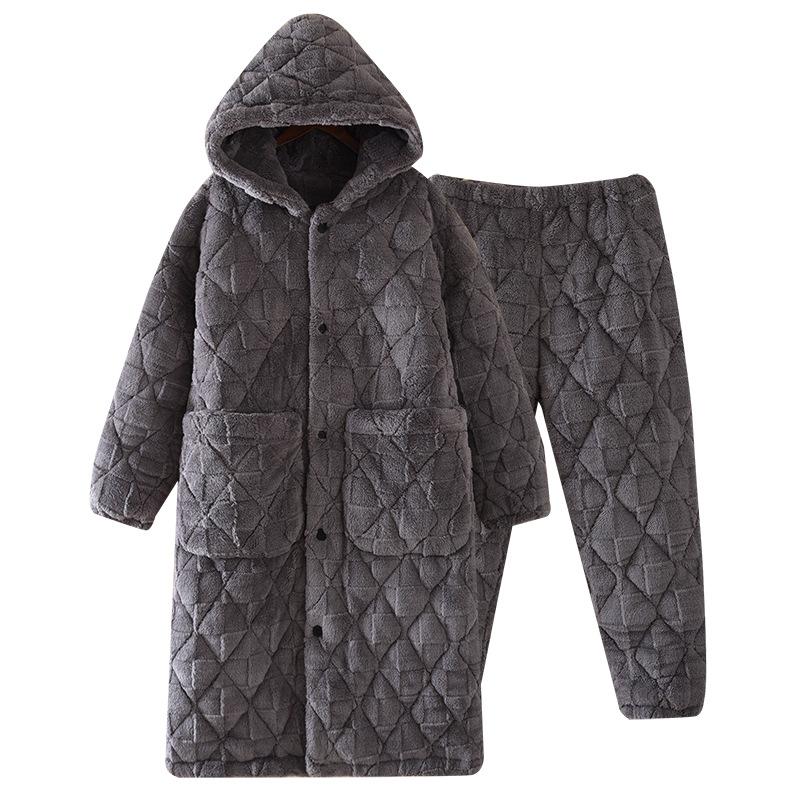Übergröße, langer Bademantel mit Kapuze, Nachtwäsche, baumwollgepolstertes Flanell-Paar-Pyjama-Set, lockere Winter-Homewear, verdickte warme Nachtwäsche