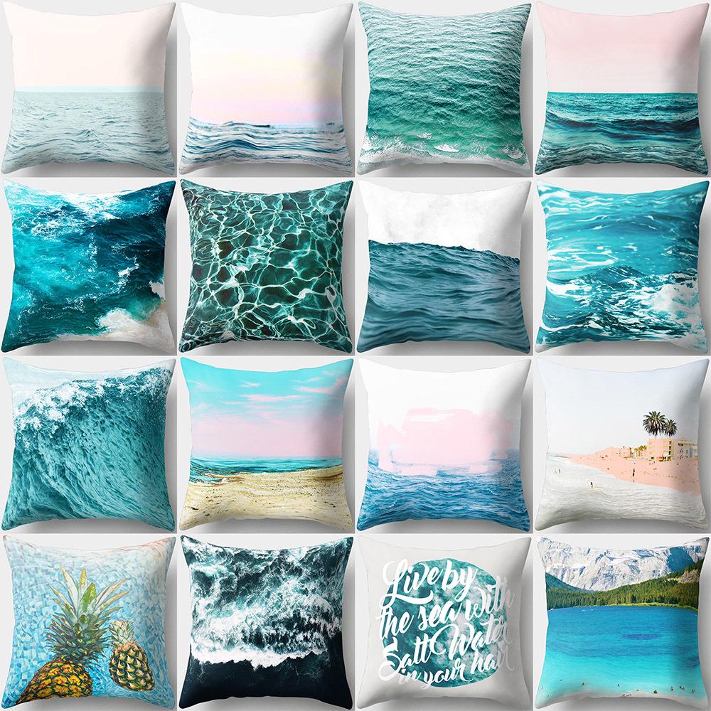 Sea Waves Beach Pillowcase Office Cushion Creative Home Car Lumbar Cushion Cover Sea View Pillow Cover Pillow Case 45X45Cm Seat