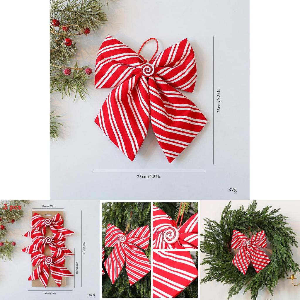 Red And White Diagonal Stripe Bow Pendant For Holiday Scene Decor
