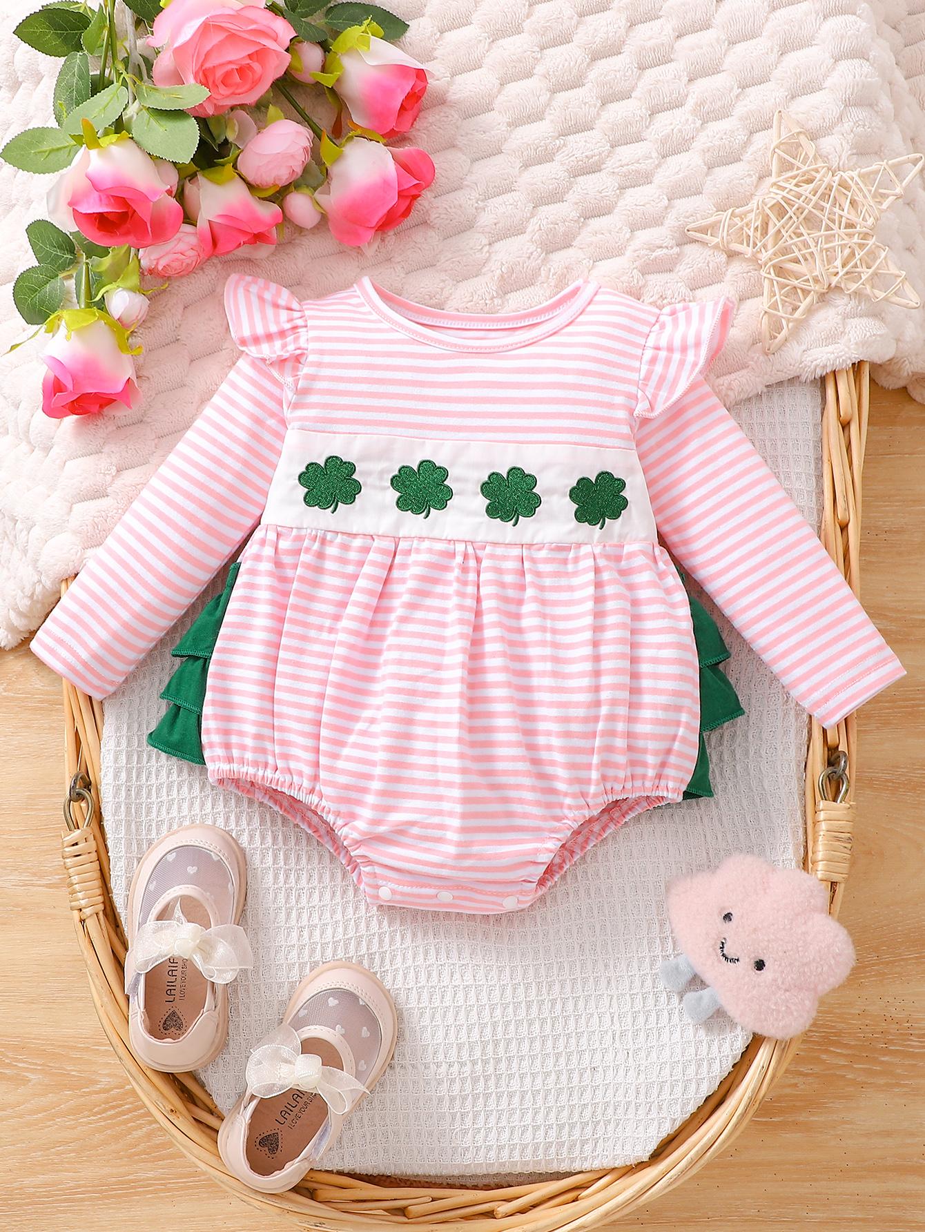 

Baby Girl St. Patrick s Day Pink Striped Romper, Long Sleeve Ruffle Shamrock Embroidered Bubble Outfit 0-6m、6-12m、12-18m、18-24m хлопок конфеты