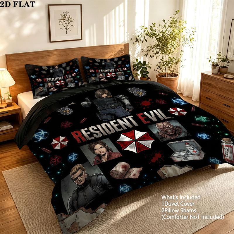 Resident Evil Pattern Bedding Quilt Set Quilt Cover Pillowcase Home Birthday Gift(1 * duvet cover + 2 * pillowcase, without core)