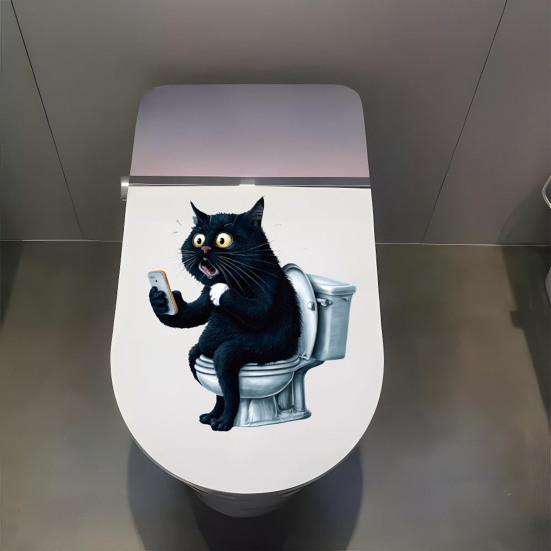 Cat Toilet Stickers Waterproof Toilet Tank Lid Decals Cartoon Black Cat Toilet Seat Cover Sticker for Bathroom Restroom Door Wall Decor
