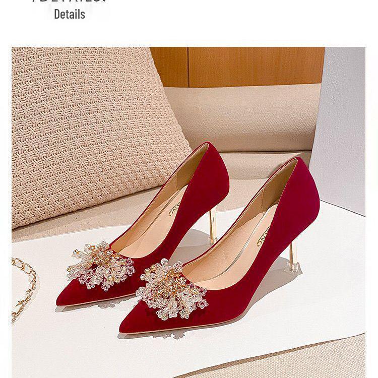

Женские красные блестящие туфли-стилеты для невесты, новый французский стиль, острый носок, высокие каблуки-сюхэ Size 38