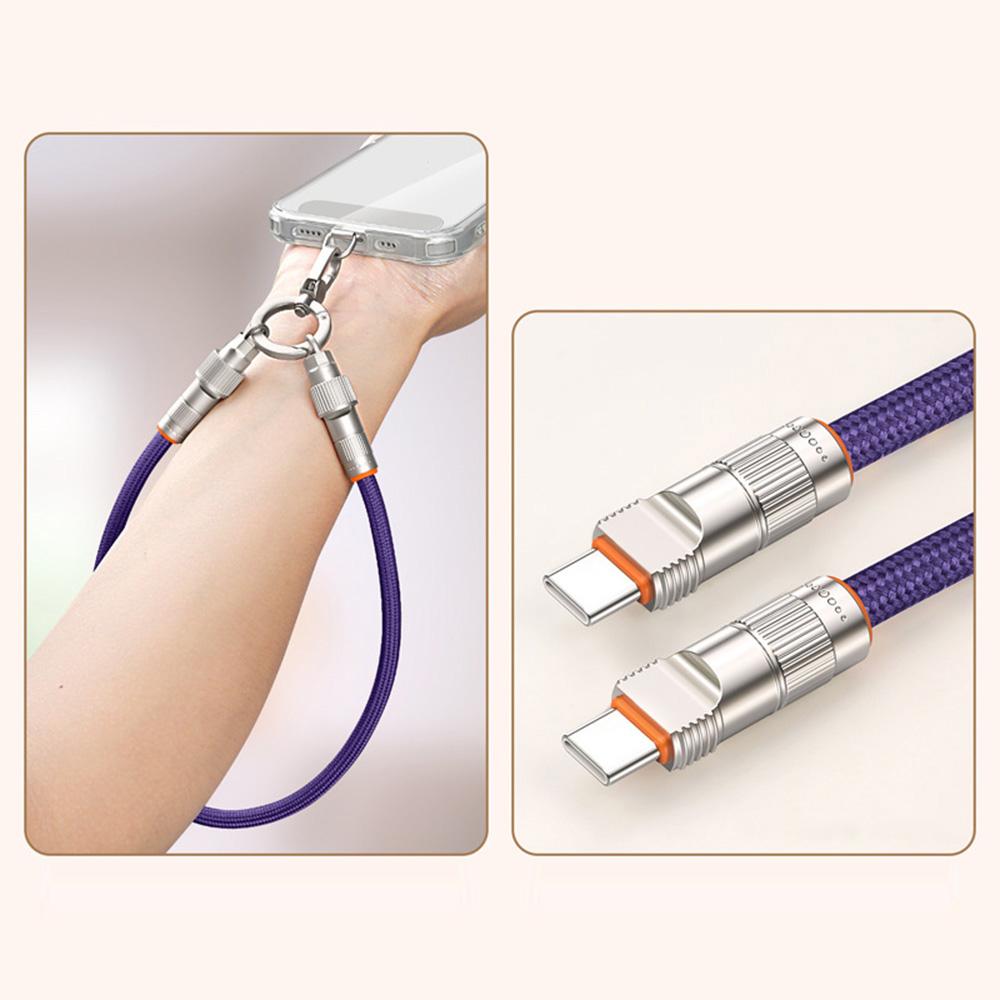 

30cm 2 in 1 Wrist Strap Charging Cable Type-C to Type-C 66W Fast Charge Cable Cell Phone Lanyard Purple