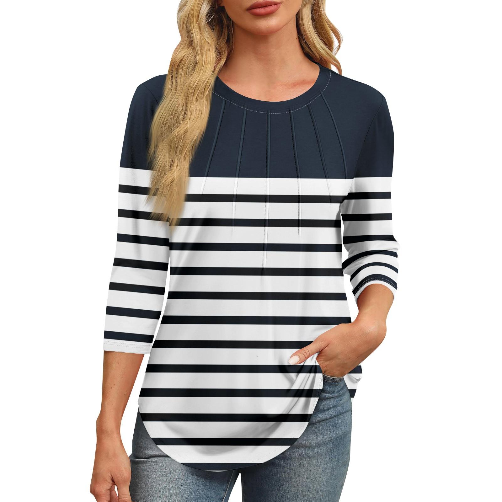 

Женская модная футболка с круглым вырезом и рукавом 3/4 с принтом, повседневная, базовая, плиссированная, пуловер XXL тёмно-синий