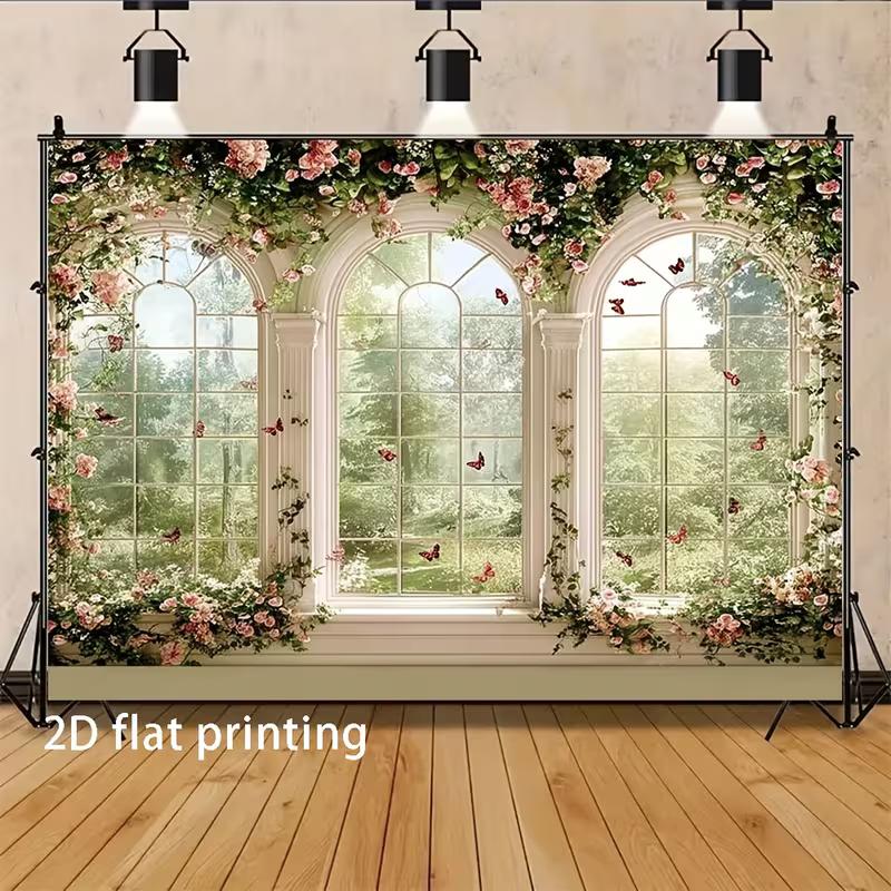 2D Floral Arched Window Backdrop, Romantic Garden View Photography Background for Wedding Party