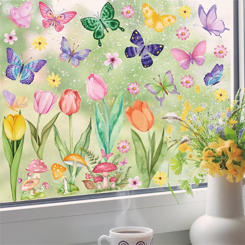 8pcs/set Window Cling Sticker Tulip Butterfly Flower Window Decal for Home Party Supplies Shop Window Glass Display Decor