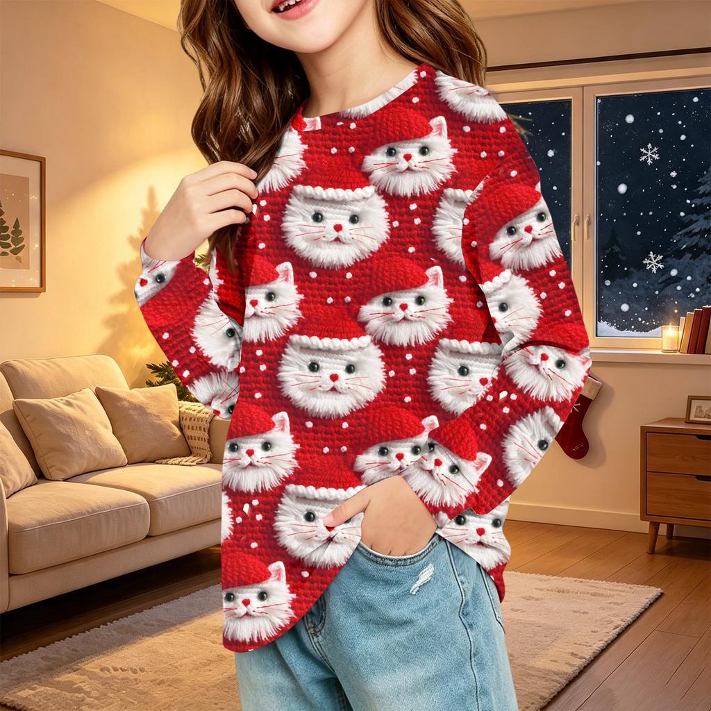 Children's Christmas Print Long Sleeve Neck Shirt with Pocket for Boys and Girls