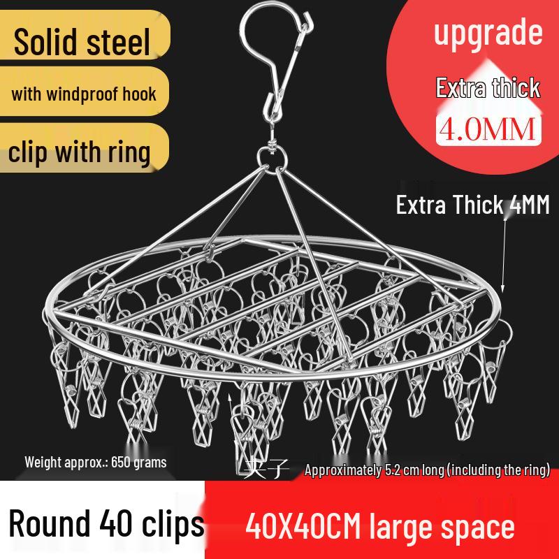 Round Windproof Clothes Drying Rack with Stainless Steel Clips and Hanging Hook