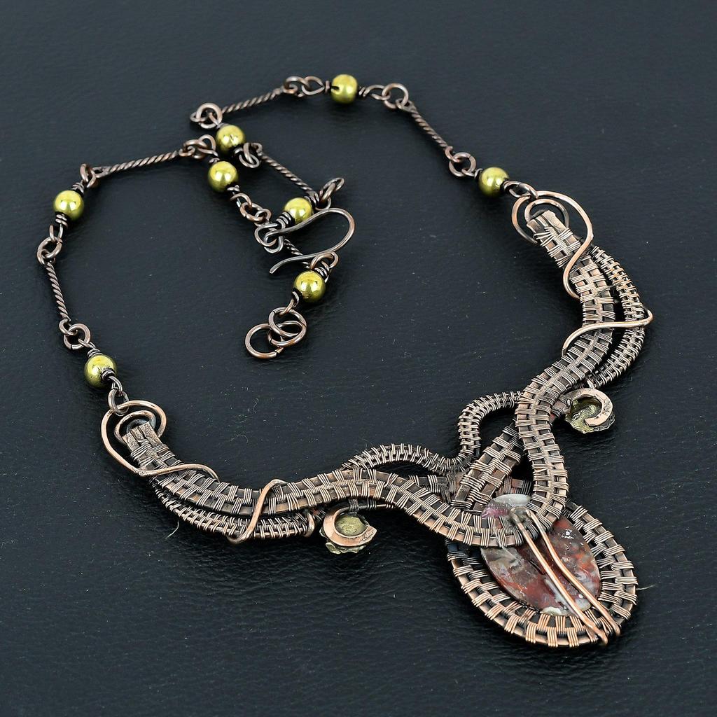 Crazy Lace Agate Handmade Gemstone Necklace, 999 Copper Wire Wrapped Necklace Antique Jewelry, For Engagement Gift