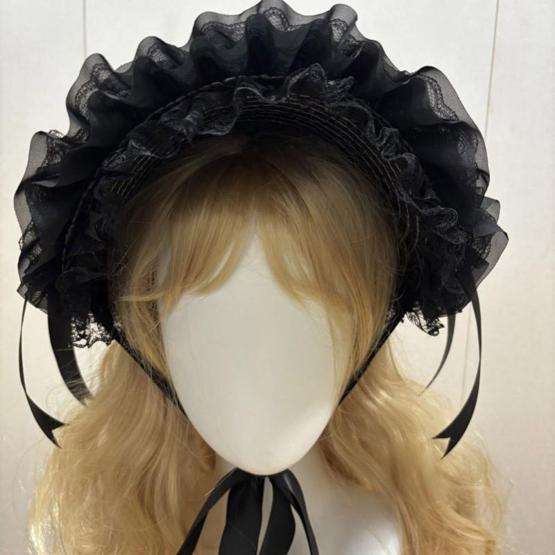 Woven Straw Lace Hat with Dark Series Design and Large Bowknot Elegant Bonnet Hat For Women Theme Parties and Halloween