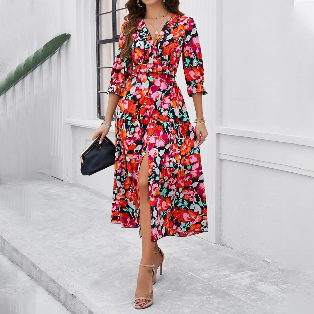Women's Summer Casual Vacation Style Slit Floral Dress