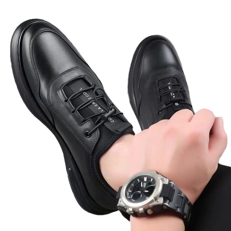 Herrenschuhe Herbst neue lässige Business-Lederschuhe vielseitiger Modetrend Luftkissen Gummizug schwarz Sport-Lederschuhe