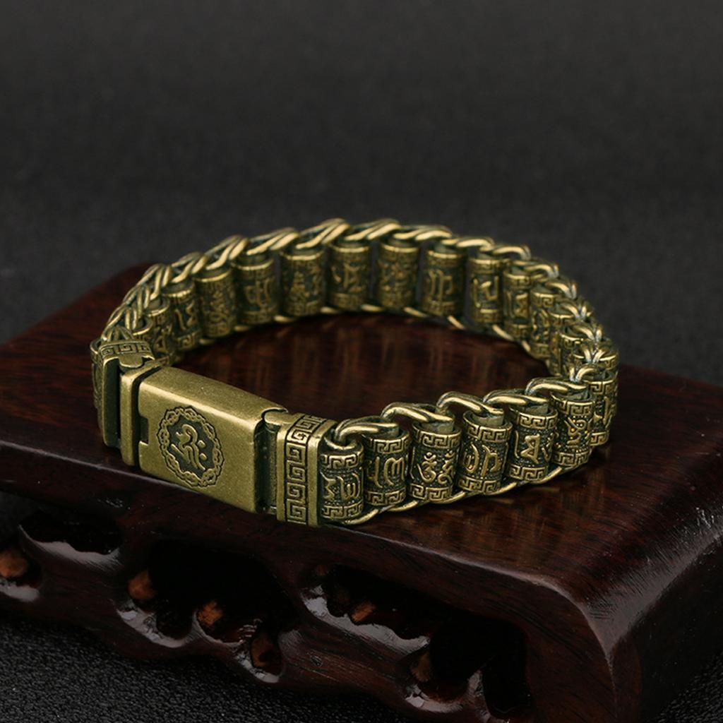 Unisex Tibetan Inspired Brass Bangle With Cultural Symbolism And Adjustable Fit Traditional Blessing Accessory