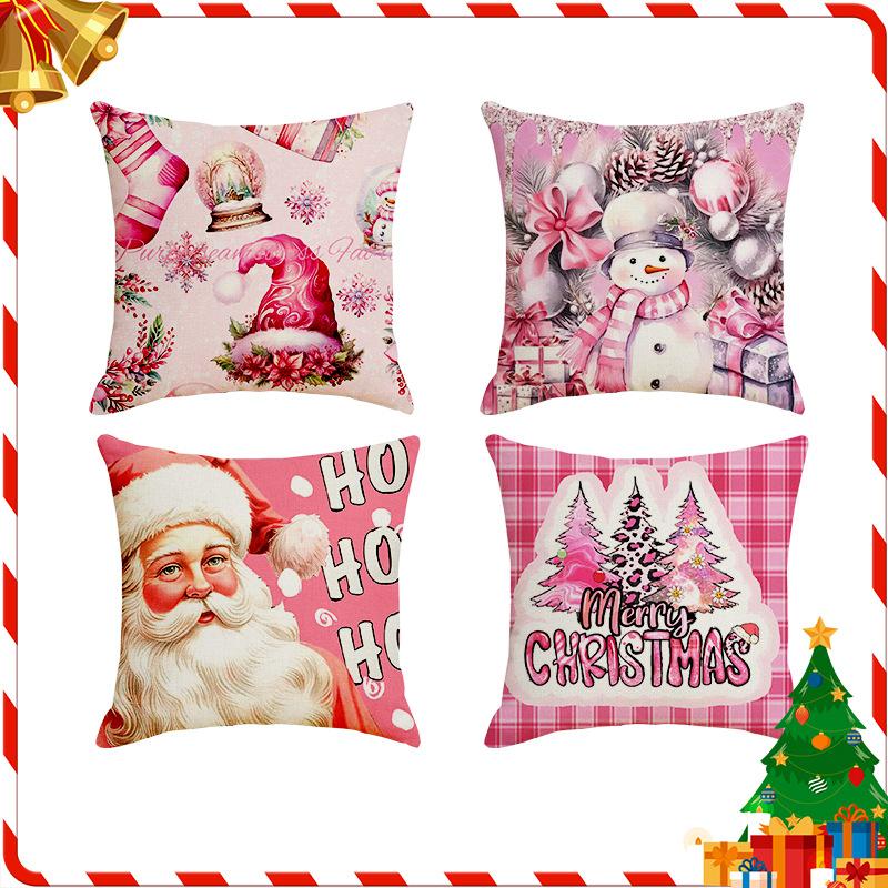 Pink New Christmas Printed Cushion Cover Sofa Bedroom Festive Santa Claus Snowman Pattern Cushion Cover