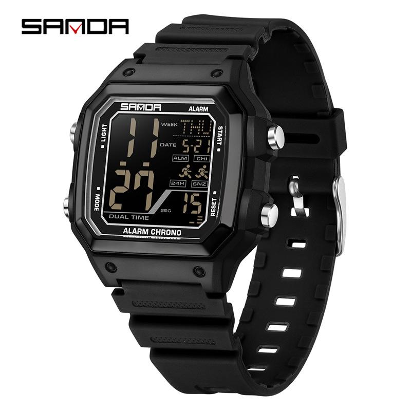 Sanda Men's Outdoor Sports Electronic Watch - Multifunctional, Waterproof, with Countdown and Snooze Feature.