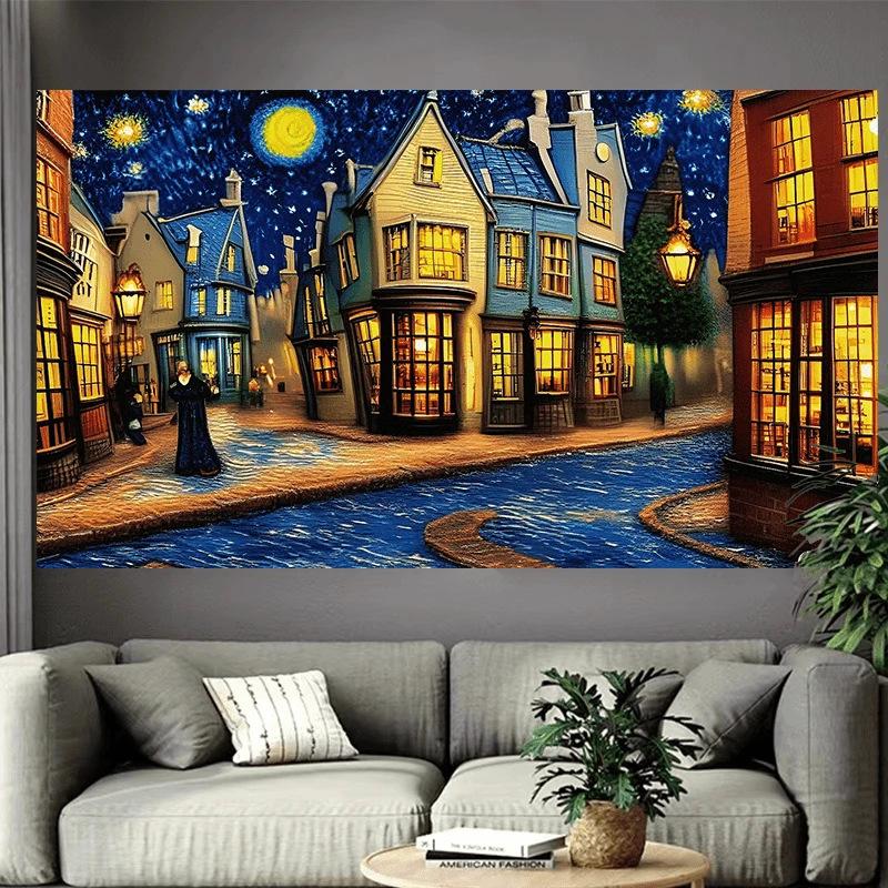 VIKAMA Fantasy Castle Tapestry Starry Night Watercolor Art Modern Bohemian Style Living Room Bedroom Background Wall Decoration