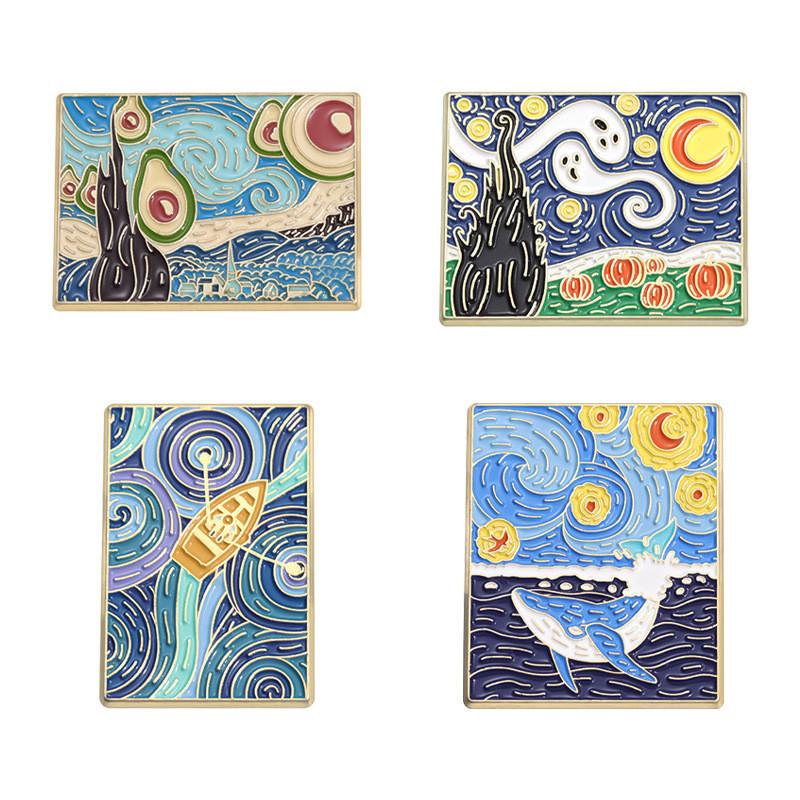 Enamel Charming Brooch With Van Gogh Inspired Whale And Boat Cartoon Character Style
