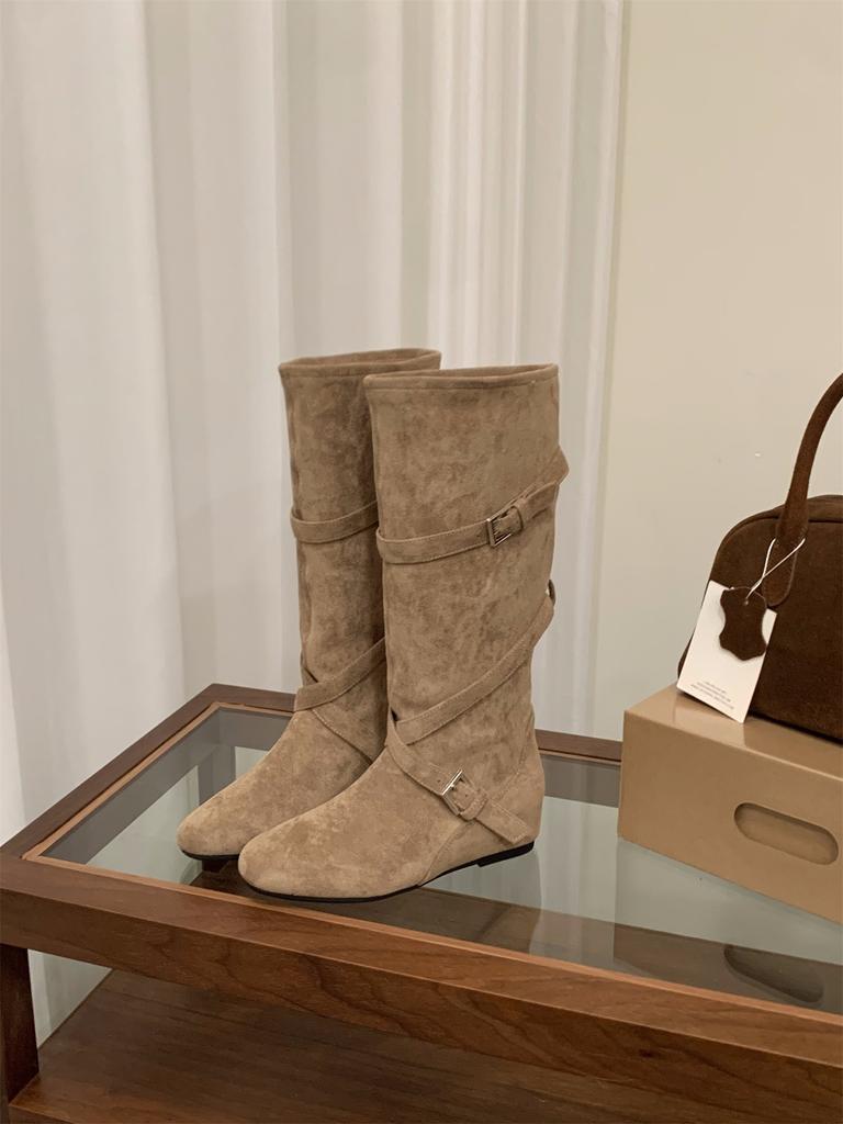 Inner Height Increasing Coffee Suede Stacking Boots Boots Women's Boots Autumn and Winter Vintage Maillard Long Knight Boots