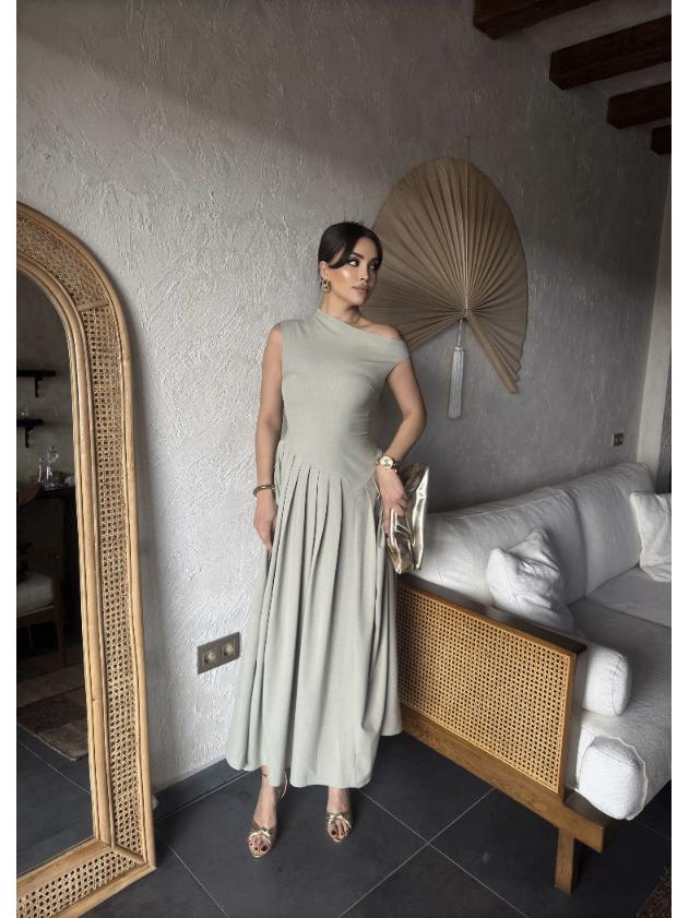 Summer Asymmetrical Neck Short Sleeve Ruched Dress for Women