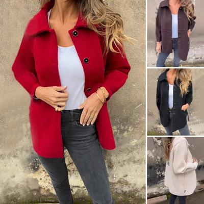 Women's Woolen Coat Lapel Single-Breasted Jacket Casual Mid-Length Solid Color Overcoat for Autumn Winter Daily Wear